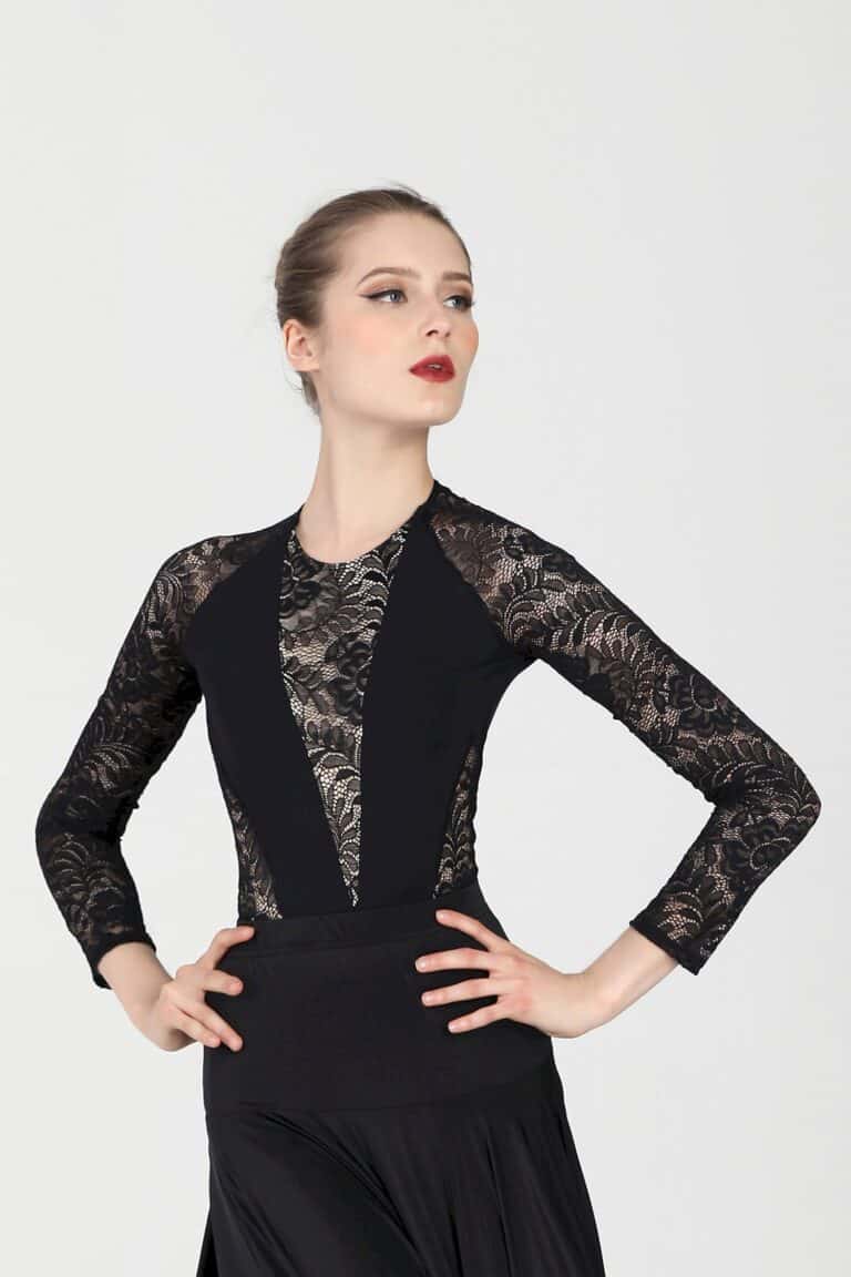 Black leotard for dance wear and practice with floral lace cut outs